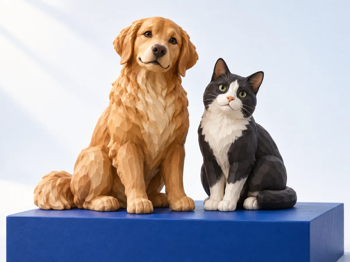Concept of a golden retriever and a tuxedo cat as custom figurines